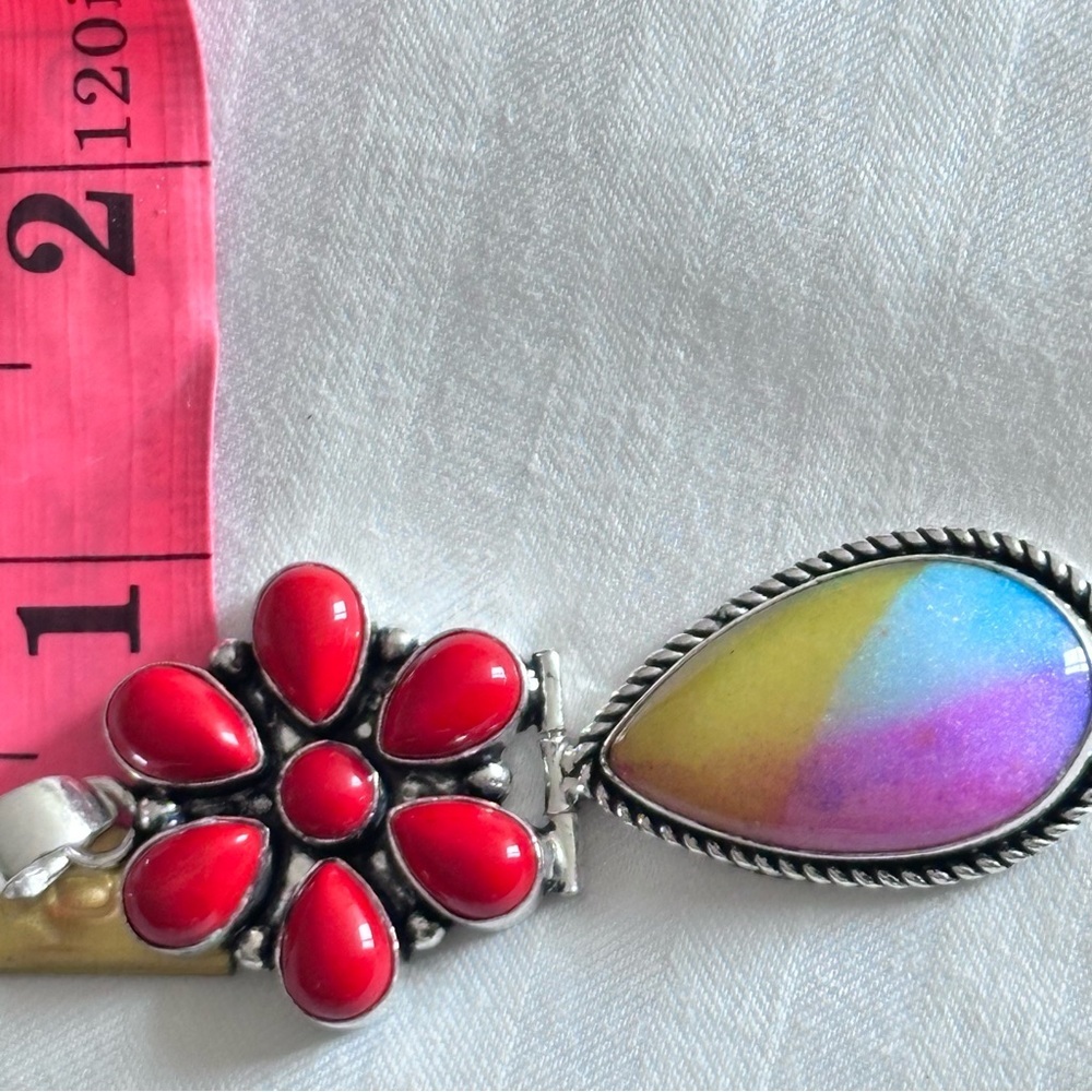 Artisan Jewelry Red Coral Floral Pendant with Multicolor Teardrop Handcrafted - Picture 12 of 15